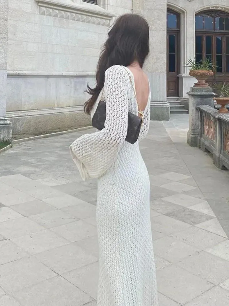 Sexy Lace Deep V-Neck Open Back Long Sleeve Knitted Dress Sexy Lace Deep V-Neck Open Back Long Sleeve Knitted Dress