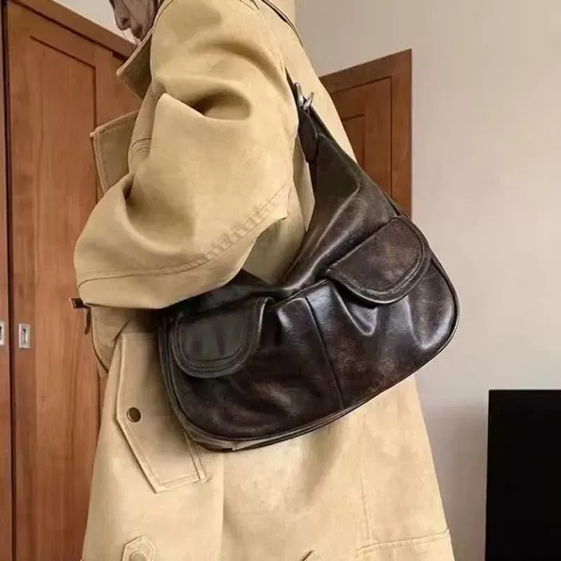 Chic Vintage Coffee Shoulder Bag Retro New 2024 Autumn Pocket Casual Handbag for Women Girls