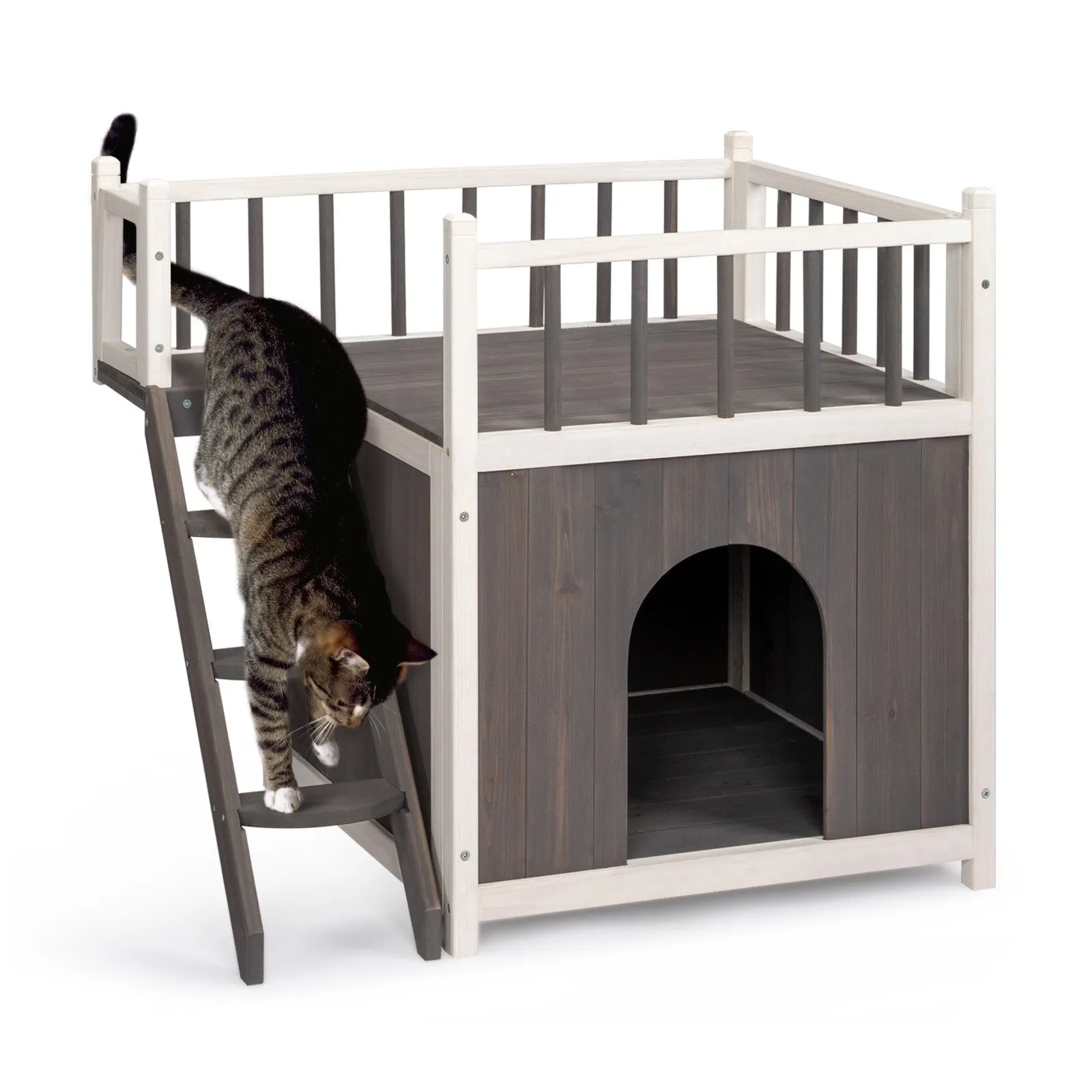 Premium Two-Story Cedar Cat House with Ladder Gray White