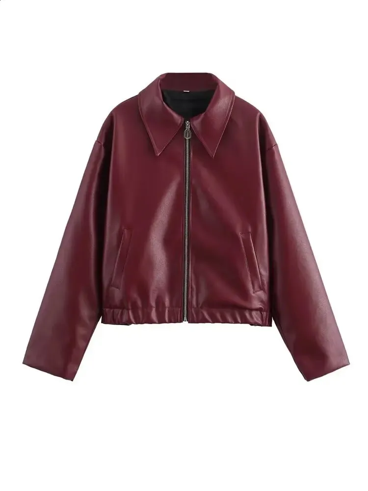 Mens Faux Leather Bomber Jacket with Lapel Collar, Zipper