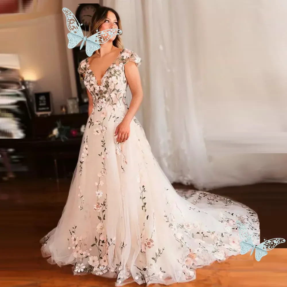 a line princess v neck wedding dress 2026 White Bridal Wedding Dresses Lace A-Line V-Neck Short Sleeves Floor-Length Elegant Chiffon Formal Wedding Party Gowns