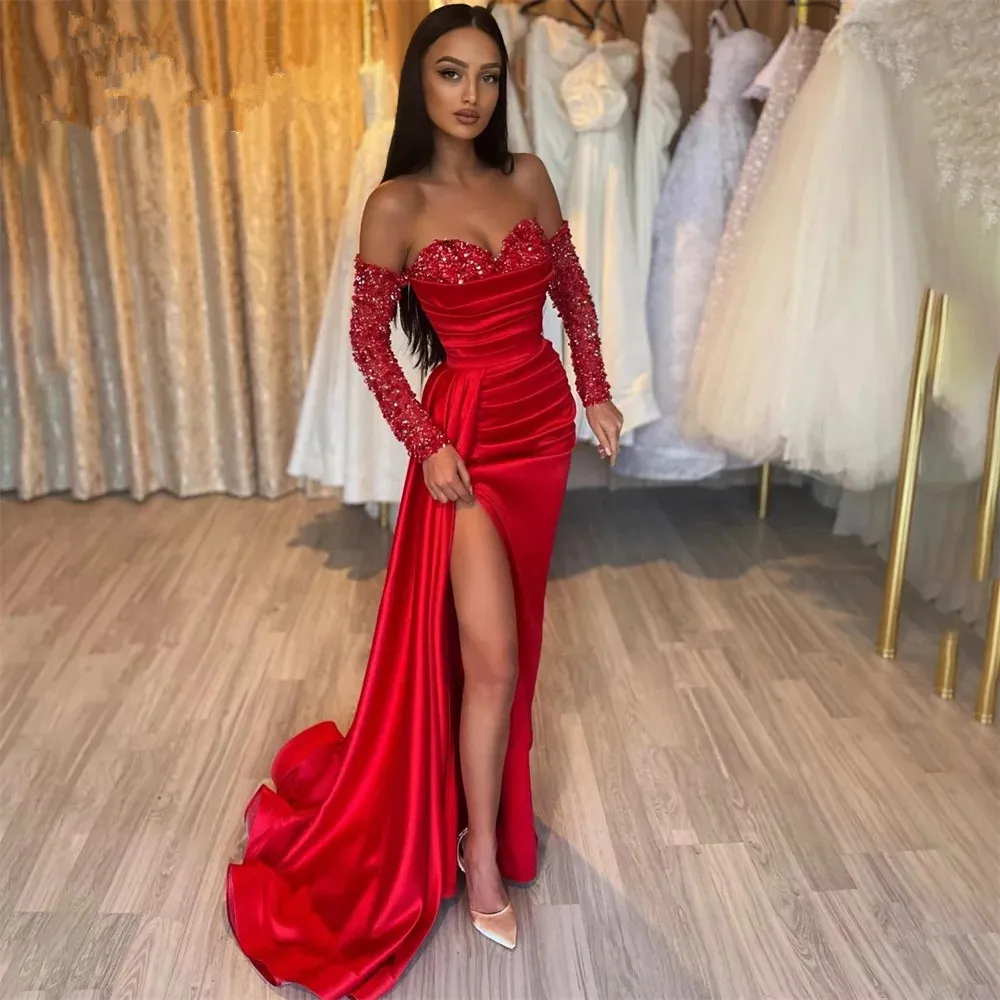 Satin Effortless Evening Red Dress with Slit Satin Effortless Evening Red Dress with Slit