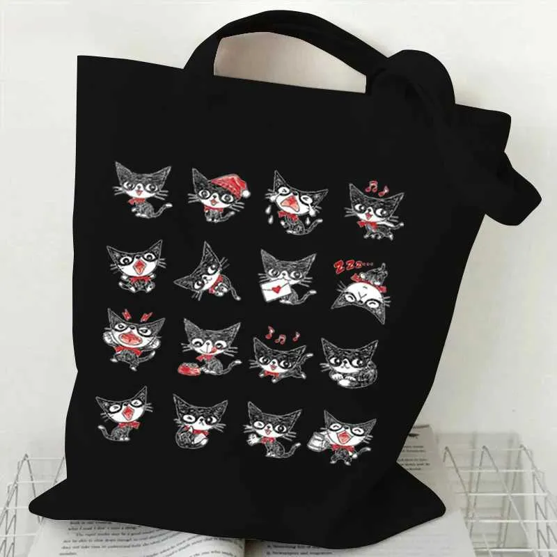 Funny Cats Print Canvas Tote Bag: Reusable Shopping Bag for Women