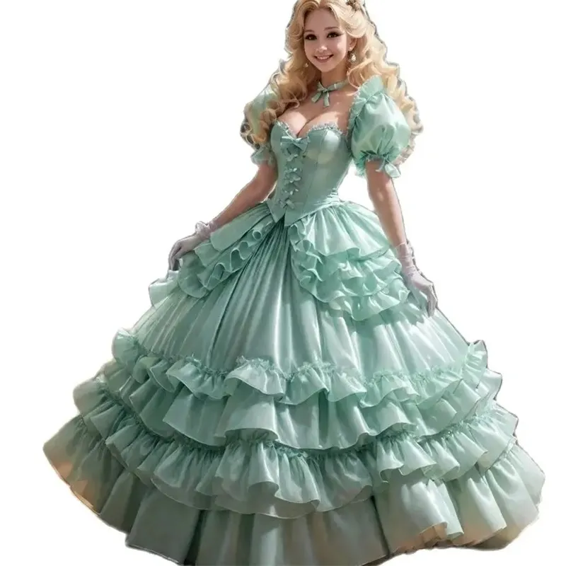Victorian Mint Green Bustle Princess prom dresses 2022 with Renaissance-inspired Caucasian and Medieval Ruffle for Princess Party in 2025 Victorian Mint Green Bustle Princess prom dresses 2022 with Renaissance-inspired Caucasian and Medieval Ruffle for Princess Party in 2025