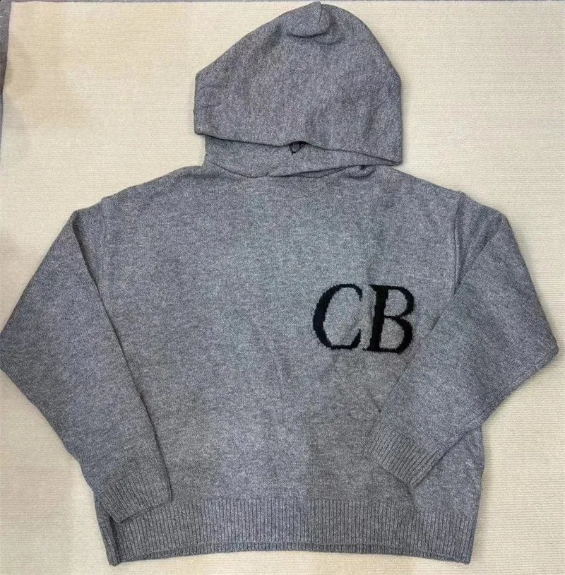 Top Quality Grey Jacquard CB Knitted Hooded Oversized Grey Sweater 