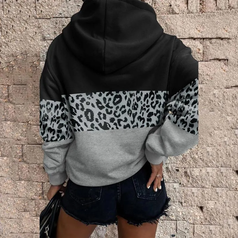 ETCYY Women's Leopard Print Hoodie - Color Block Drawstring Sweatshirt With Pocket, Yellow, Medium