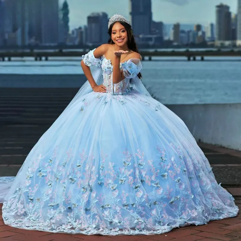 Sky Blue 3D Butterfly Quinceañera Sweet 16 Prom Ball Gown main image 0