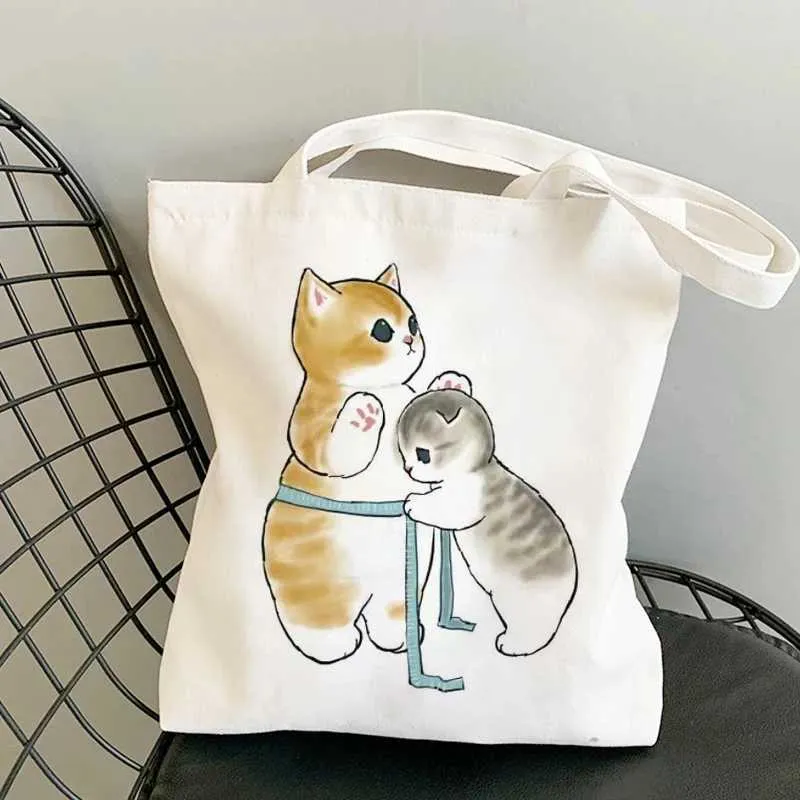 Cute Cat Tote Bag - Cotton Canvas Reusable Shopping Bag, Funny Cat Print, Aesthetic Gift Bag