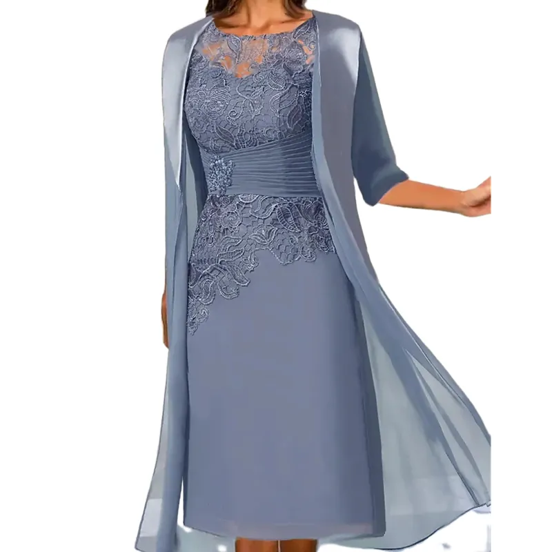 Elegant Pale Blue Sheath Mother of the Bride dusty Blue dress with Long Jacket - Knee Length, Half Sleeves, Lace Appliques, Straight Style - Perfect Elegant Pale Blue Sheath Mother of the Bride dusty Blue dress with Long Jacket - Knee Length, Half Sleeves, Lace Appliques, Straight Style - Perfect
