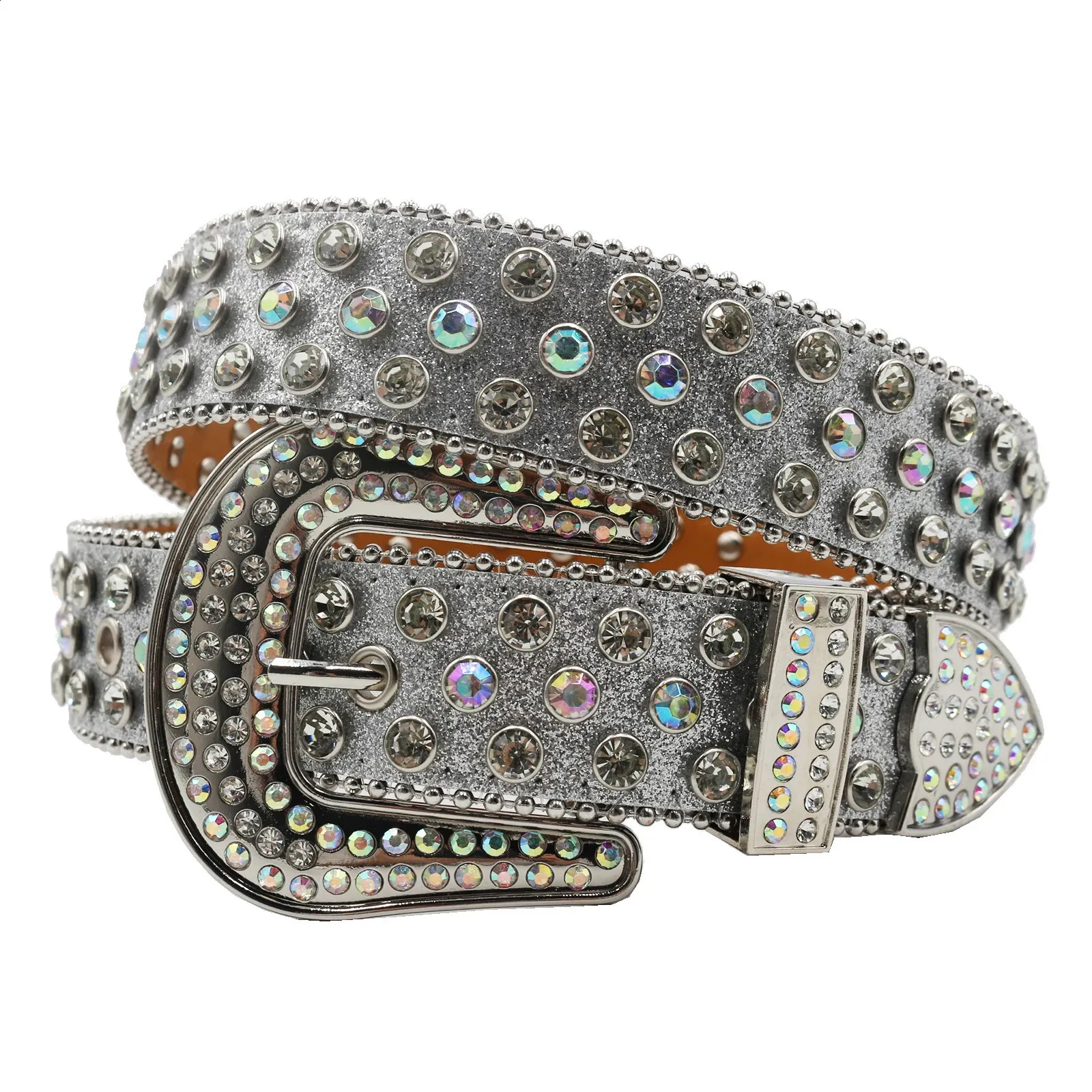 Diamond Studded PU Leather Belt for Men, Size L, Golden Buckle