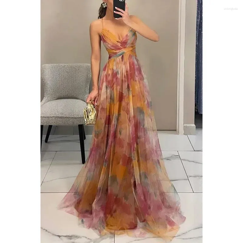 slimming casual summer dresses Women's Mesh Printed Casual backless maxi dress for Spring/Summer, INS Holiday, Leisure Party, and Fashion