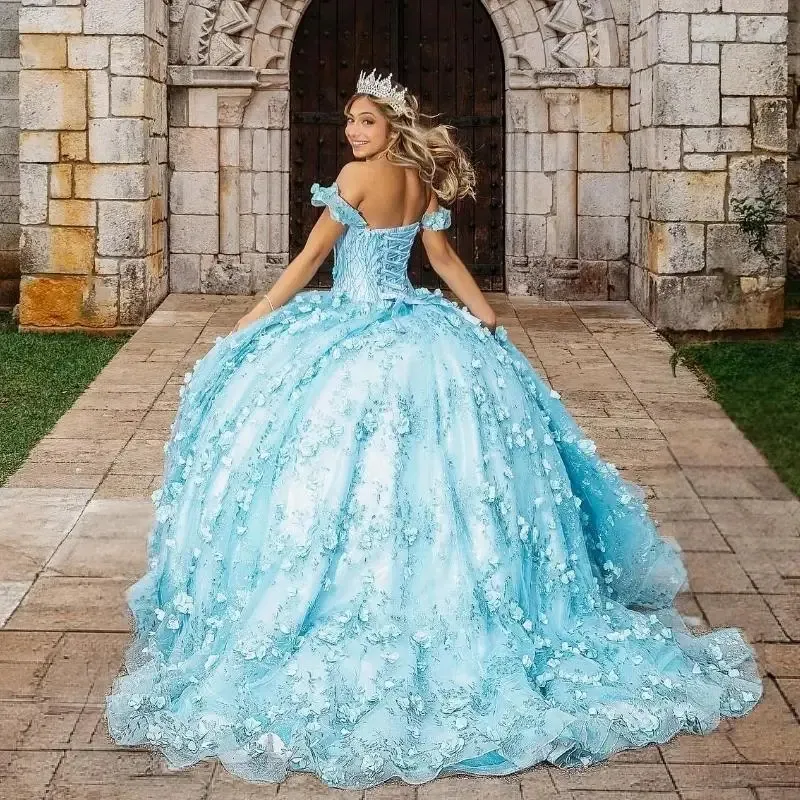 aqua blue sweet sixteen dresses Quinceanera Quinceanera Long Tulle Skirt Green Sky Blue Off-Shoulder 3D Floral Quinceanera Perfect for making a 500-1000 Sophisticated Black A-Line Wedding Size:3t