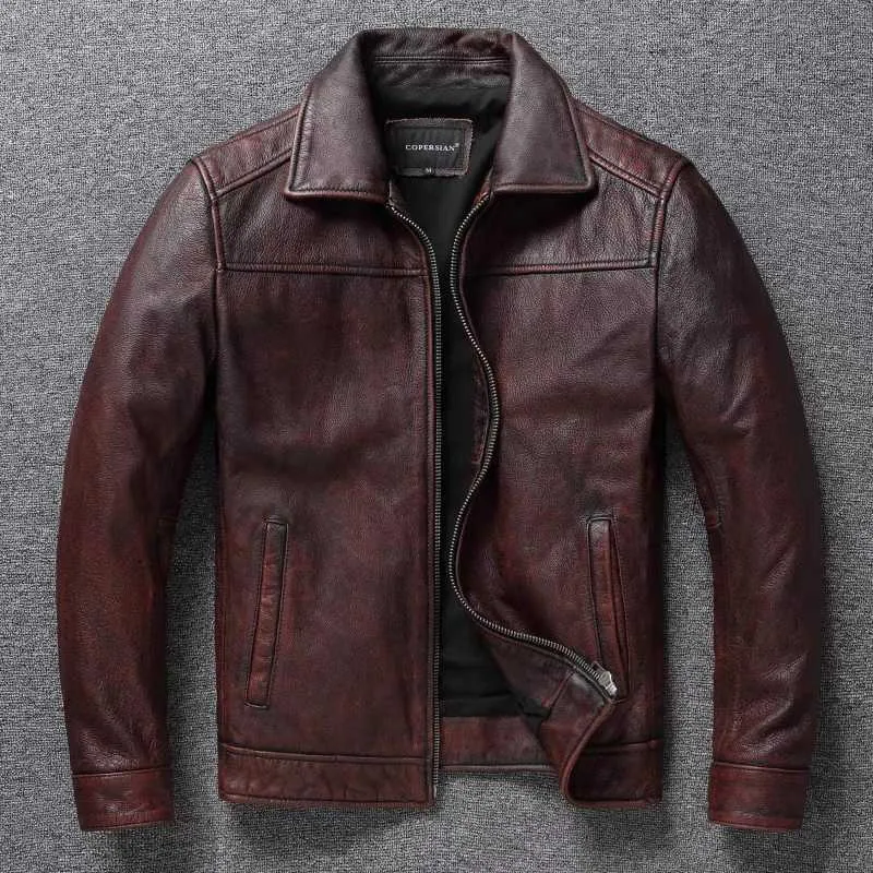 Retro Distressed Faux Leather Mens Burgundy Leather Biker Jacket Slim Fit First Layer Cowhide Leather Classic Style Y240910 From Ferqik 97.96 DHgate.Com
