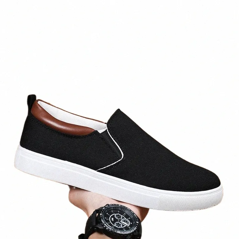 Men's Black Canvas Slip-on Sneakers Breathable, Comfortable Casual Flats  for Everyday Wear