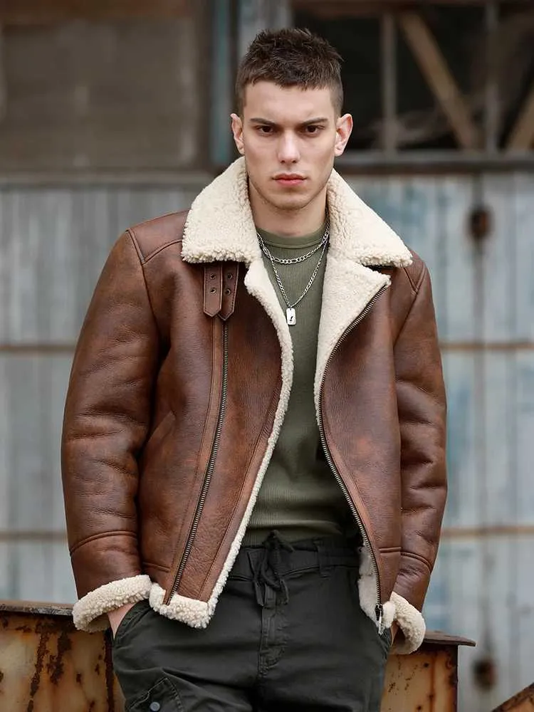 New Winter Fashion Mens Genuine Sheepskin Faux Leather Pilot Leather Coats For Men High Street Brown 5XL From Ferqik 206.73 DHgate.Com