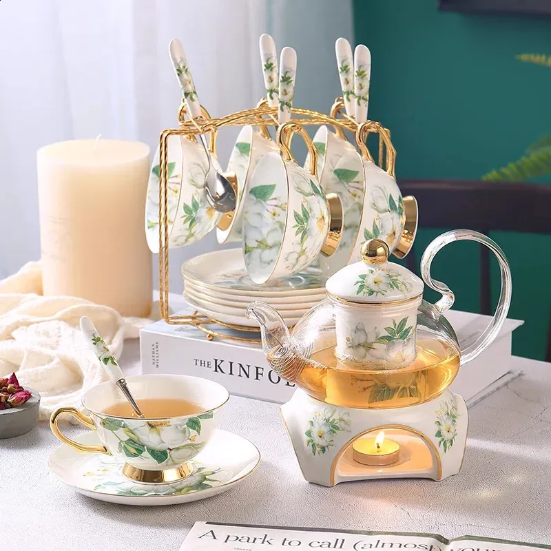 Camellia Bone China Tea Set with Candle Filter Glass Teapot Ritual Tea  Ceremony Set