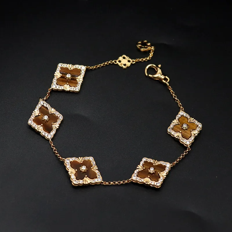 18K Gold Clover Charm Bracelet for Women Shine Crystal Bling