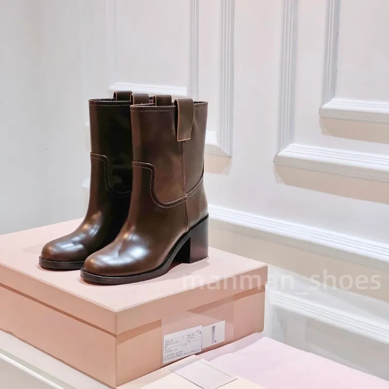 Booties Cognac Leather Ankle half boots Round toe mid block chunky heels luxury designer Casual High quality women Fashion shoes factory footwear