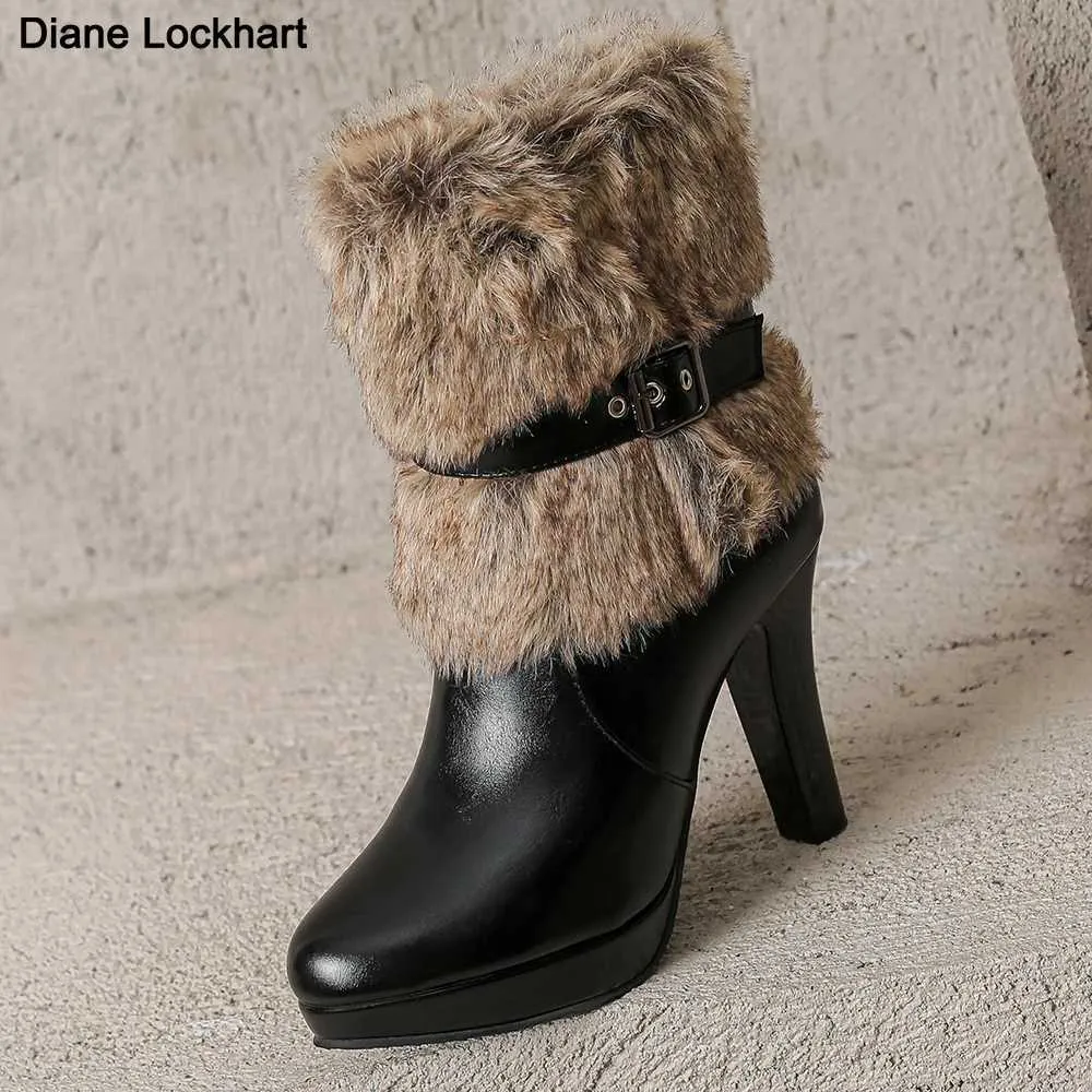 Women's Faux Fur Platform Ankle Boots with Zipper Black, White, Red  High Heel Motorcycle Booties