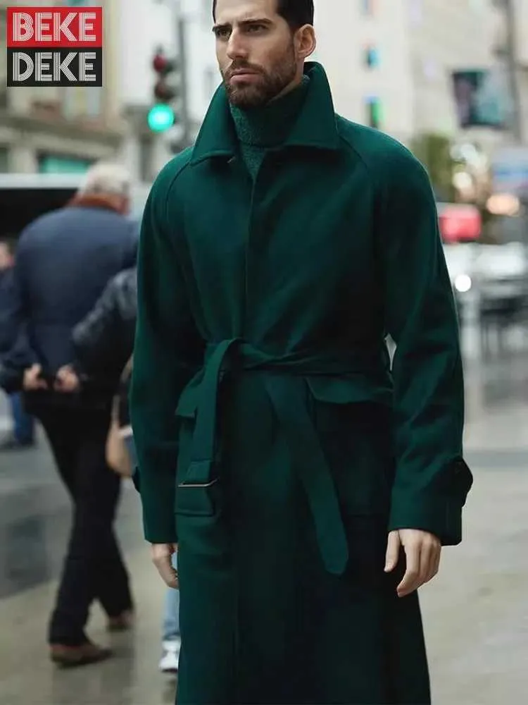 Men's Wool Blend Belted Trench Coat Slim Fit, Vintage British Style,  Casual Business