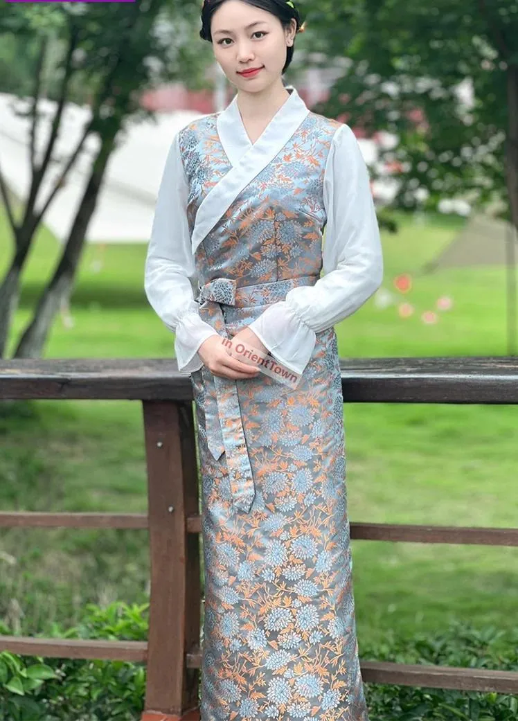 Tibetan Summer Flower Print Long Gown - Blue Champagne - Lhasa