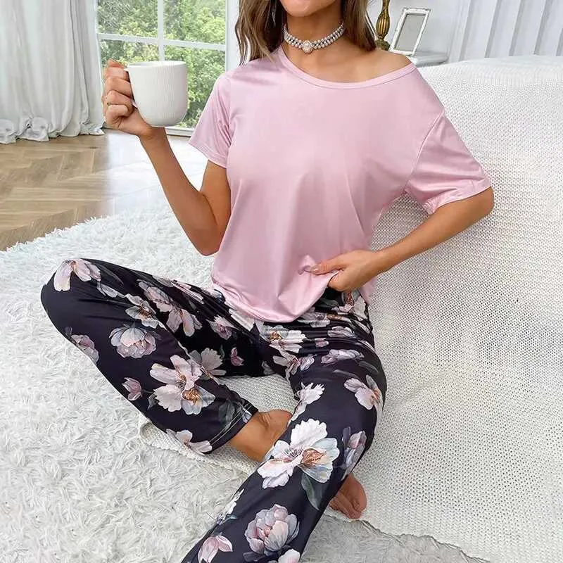Save Big on Bulk Womens Pajamas Set Pink Womens Pink Pajamas Set: Super  Soft Short Sleeve Sleepwear With Floral Print Long Pants Lightweight Pjs
