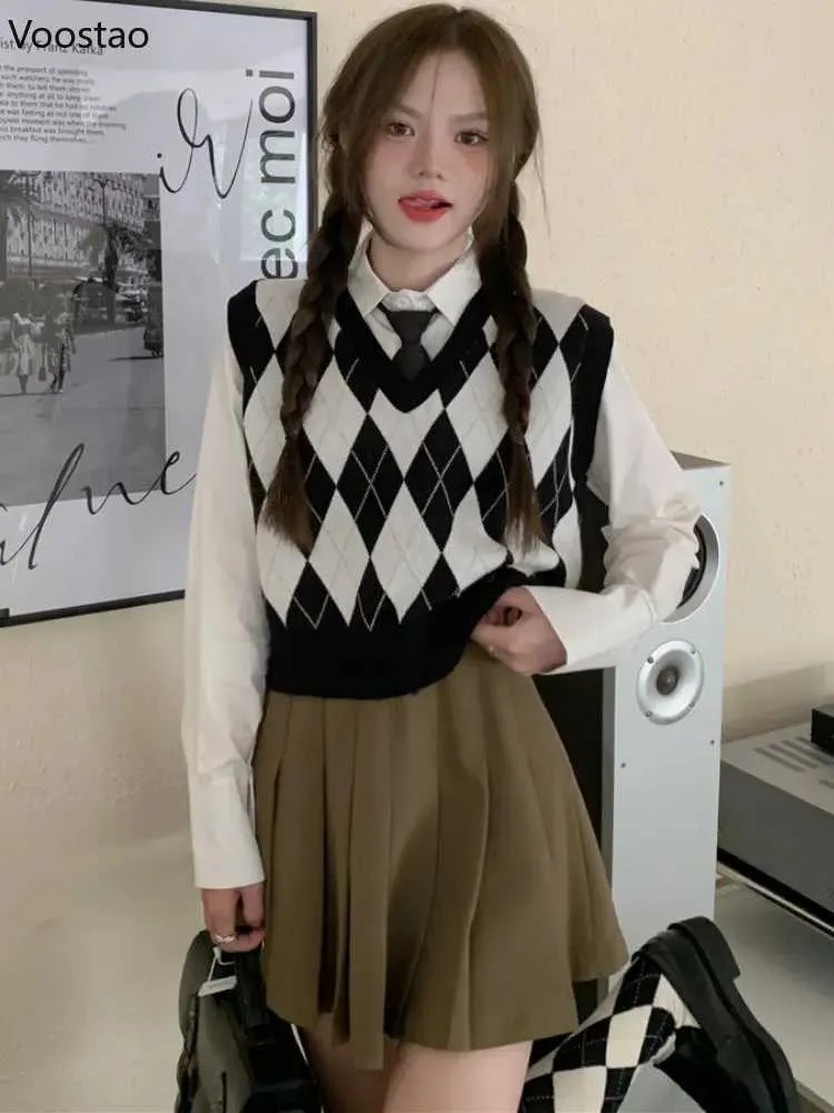 Save Big on Bulk Knit Argyle Vest Argyle Sweater Womens Knitted Vest:  Preppy V Neck Cropped Sweater, Korean High Street Style Waistcoat Best  Deals