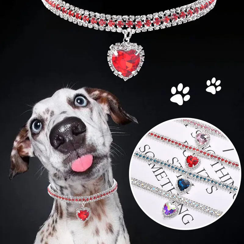 Wholesale Luxury Adjustable Rhinestone Dog Collars Necklace With Heart