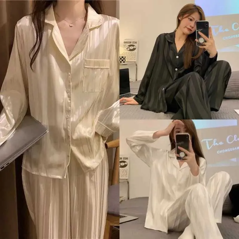 Women Four Seasons Acrylic Pajamas Two-Piece Set Long-Sleeved Long ...