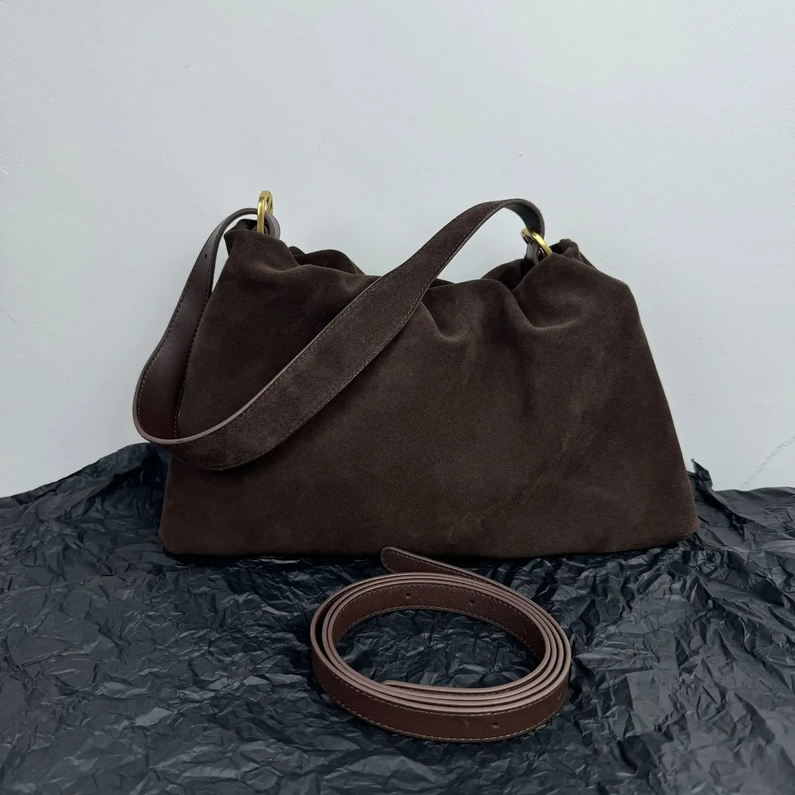DHgate.com:Womens Ruched Khaki Suede Leather Shoulder Bag
