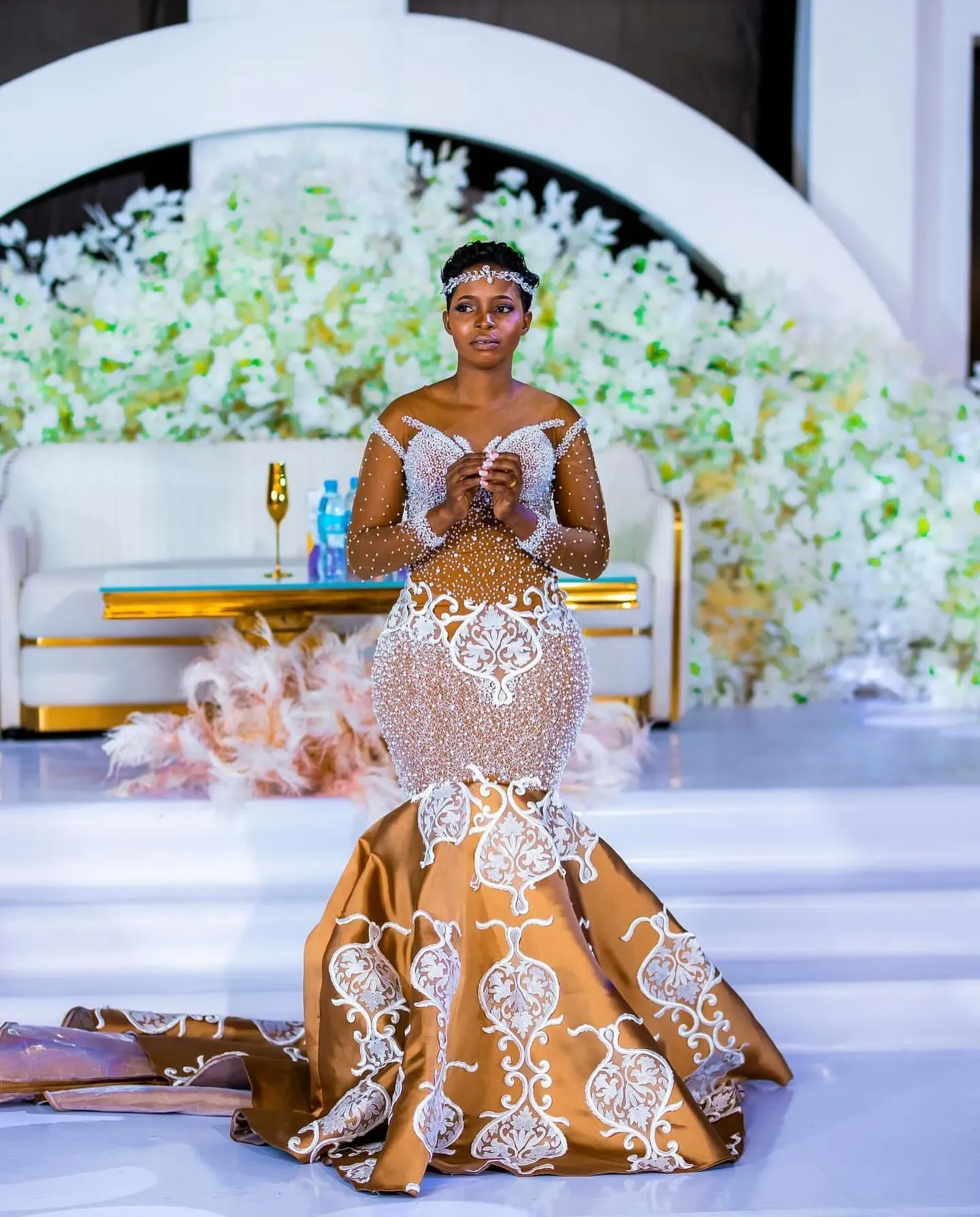 gold fishtail wedding dress Rose Gold Sequins Dresses Mermaid Detachable Skirt