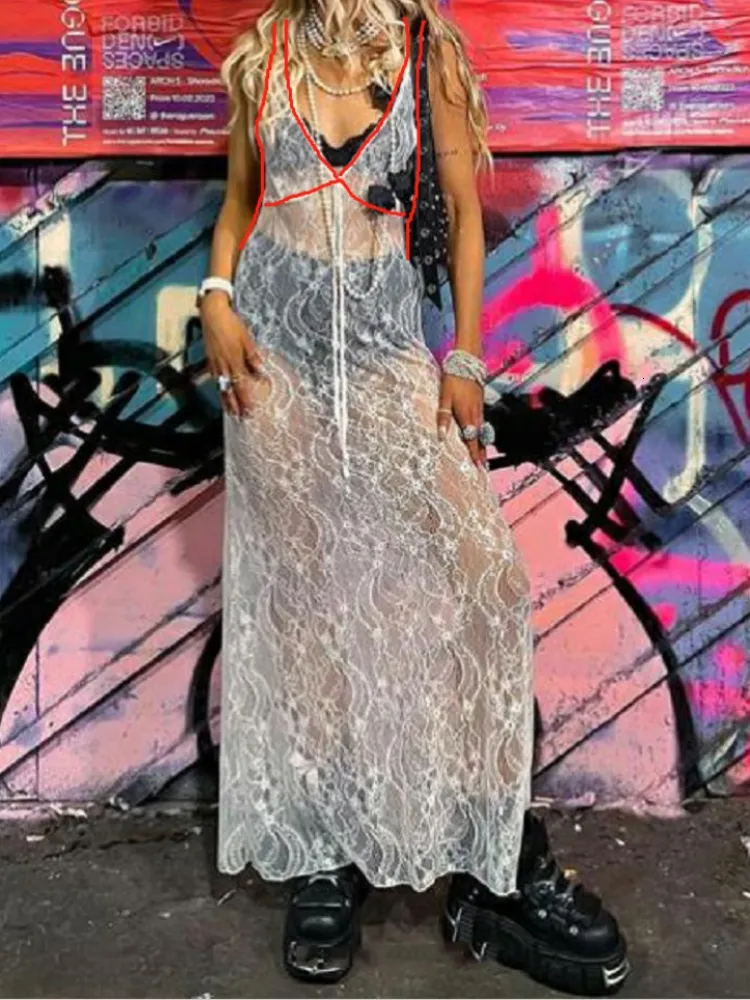 QWEEK Y2k Floral Lace Slip-through dress for Women - Perfect for Casual, Club, Night Party, Spring/Summer Beach Wear QWEEK Y2k Floral Lace Slip-through dress for Women - Perfect for Casual, Club, Night Party, Spring/Summer Beach Wear