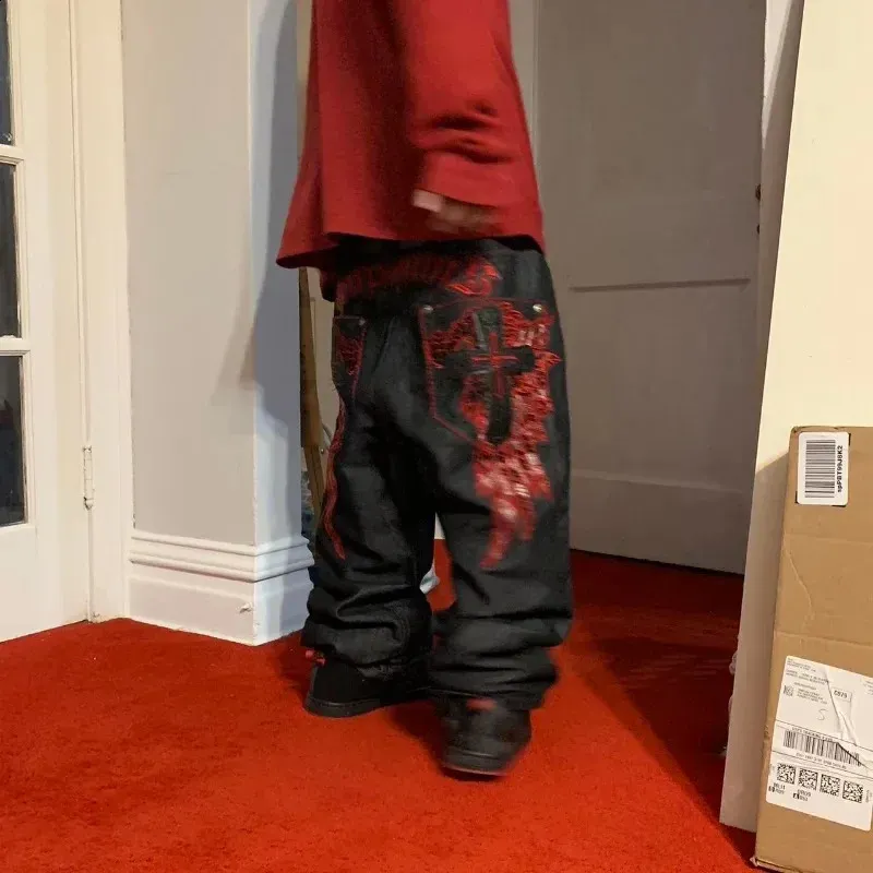 パンツ 2000's archive dark wear red denim pants Mens Black Red Pattern High Waist Jeans Y2K American Retro Street