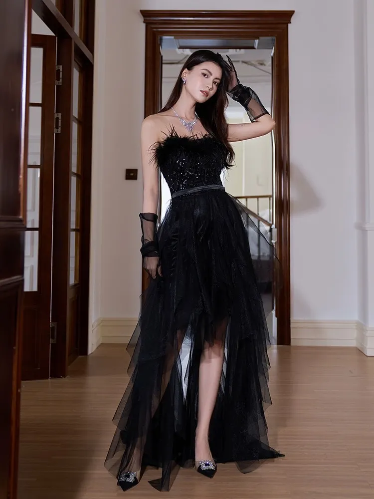 strapless open back dress Black and Pink Satin Long Prom Dress with Bow, Black and Pink Long For