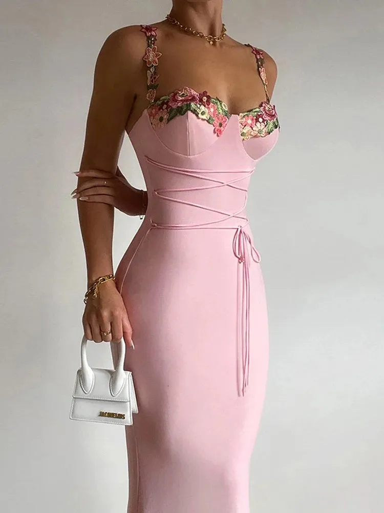 Floral Maxi embroidered dress for Women - Sleeveless, Backless, Lace-Up, Bandage Bodycon - Perfect for Autumn/Winter Parties and Clubs - Great Gift