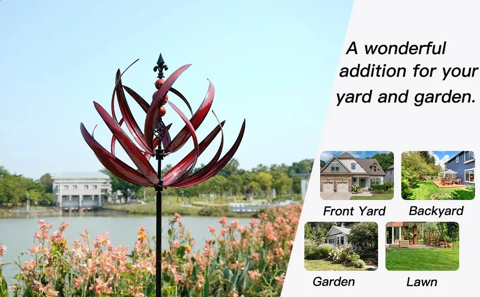Large Outdoor Wind Spinner – Burgundy Lotus Sculpture, 91 Inch Metal Kinetic Yard Art 3 thumbnail image