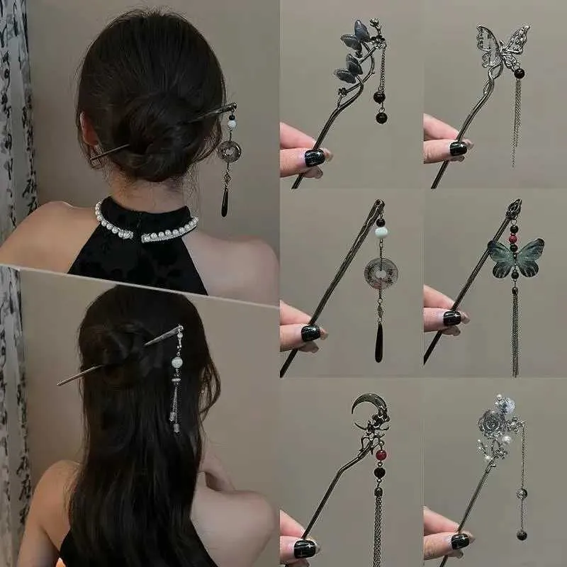 Butterfly Flower Tassel Hair Stick for Women Metal Hanfu  display picture 1