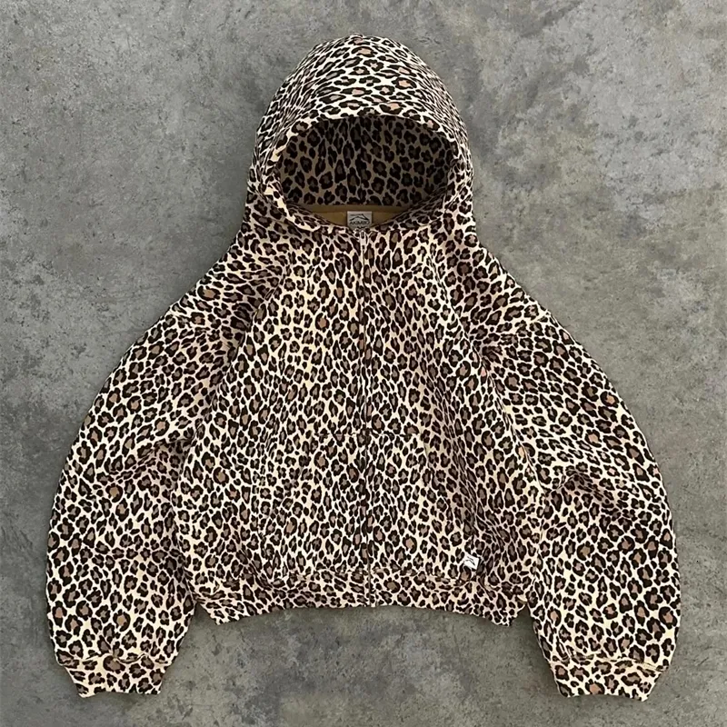 Leopard Print Zip Hoodie Y2K Retro Mens Harajuku Hip Hop Zipper