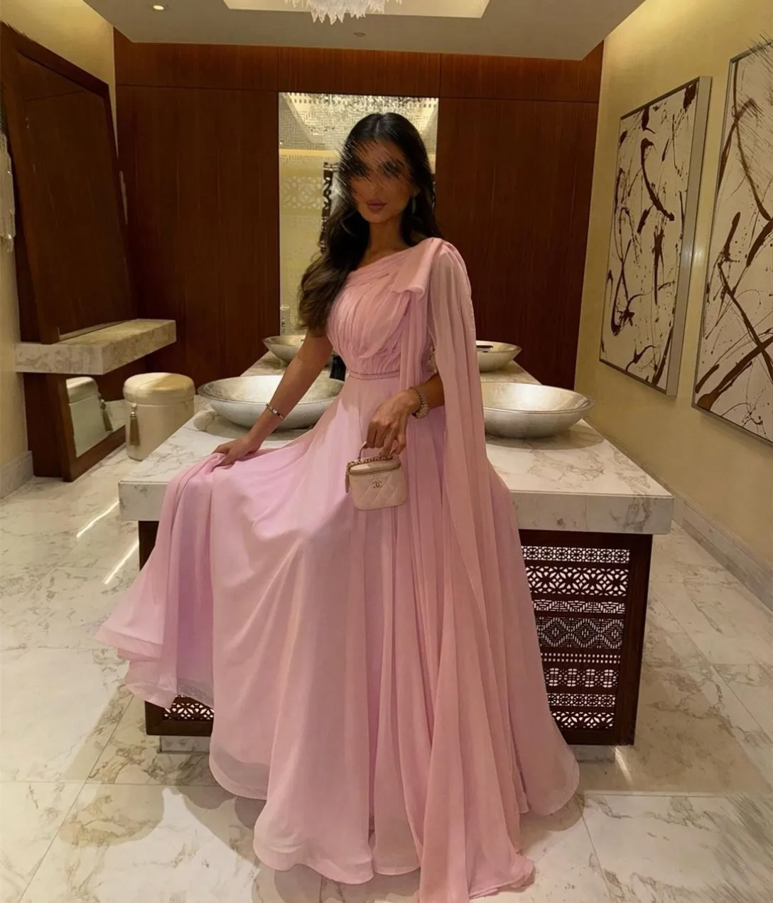 Pink Tulle Evening Dress with Cape: One Shoulder A-Line Pleated Watteau Train Prom Gown from Dhgate Evening Dresses - price 90.36 Pink Tulle Evening Dress with Cape: One Shoulder A-Line Pleated Watteau Train Prom Gown from Dhgate Evening Dresses - price 90.36