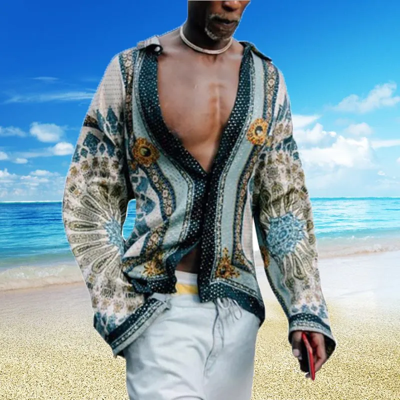 Camisas Casuales Para Hombres Camisa De Estampado Digital Spring Fashion Mens Bohemian Bluses Homme Design V Cubla Copla Bloqueica Camisa De Estampado Ecologico De Alta Calidad De Alta Calidad De 12 5...