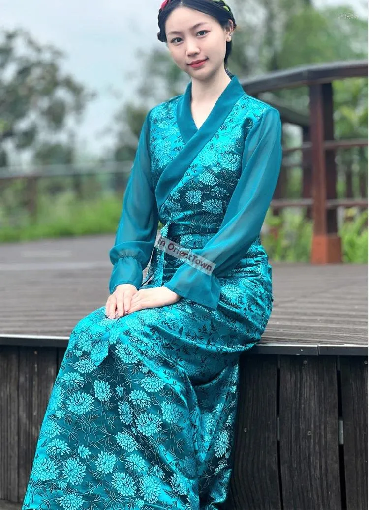 Tibetan Summer Flower Print Long Gown - Blue Champagne - Lhasa