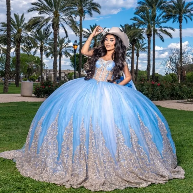 Light Sky Blue Quinceanera Dress with Lace-Up Back and Bow Beads Appliqu  Tulle Gown