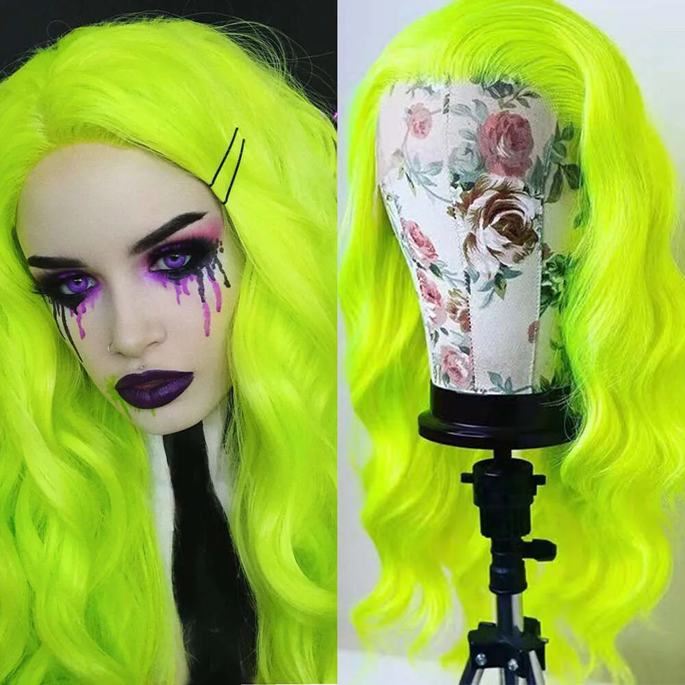 Neon Green Curly Lace Front Wig - Synthetic Glueless Natural  display picture 2
