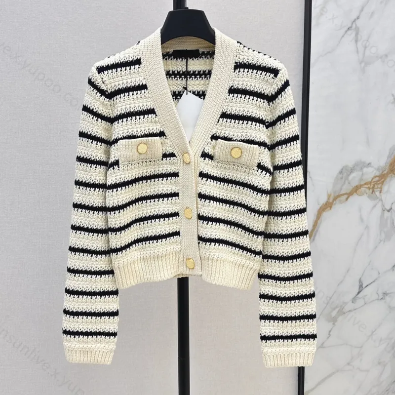 High End Designer Womens V Neck Chunky Cardigan Sweater With Striped Knits Metal Buttons And Elasticity 25SS FW Crop Top From Kristore777 97.39 DHgate.Com