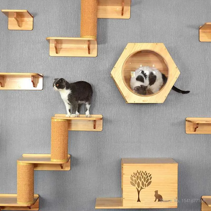 Cat Wall Furniture: Wall-Mounted Cat Climbing Frame, Solid Wood