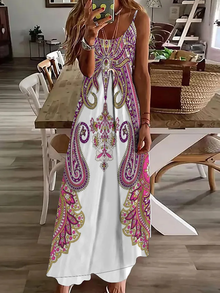 Vestiti Casual Da Donna,Vestito Lungo Bohemien Floreale Casual Da Donna Slim Lungo Senza Maniche Fiori Di Ciliegio Bianco Vestito Scorrevole Elegante Colletto Scoop Sexy Vestito Estivo Da Cocktail P - Foto 11