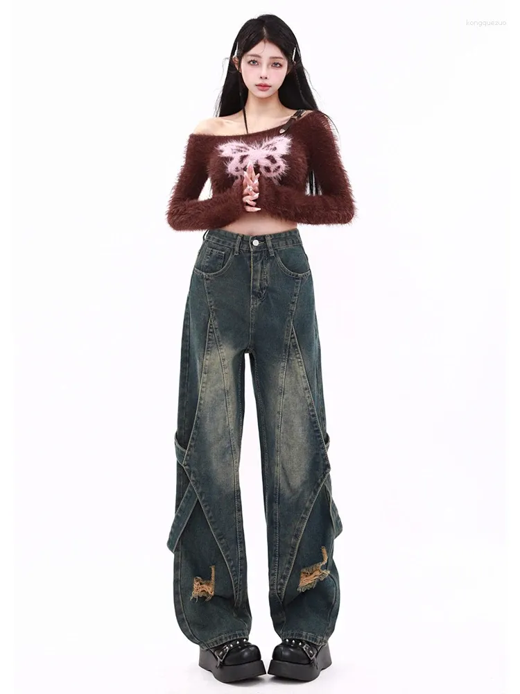 古着　denim wide slacks Women Low Waisted Pants Wide Leg Denim Jeans Straight Casual