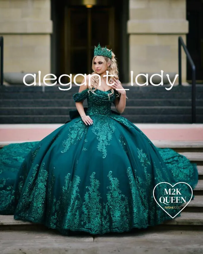 Emerald Hunter Green Sparkly Quinceanera Dresses Gillter Applique Big Bow Lace-up Corset Princess vestido de 15 Quinceanera