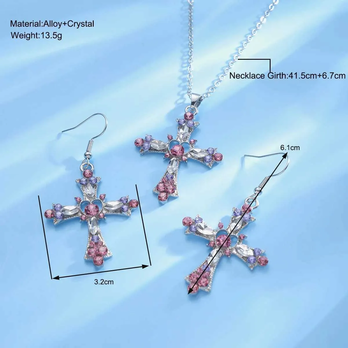 Y2K Pink Rhinestone Cross Jewelry Set - Gothic Pendant