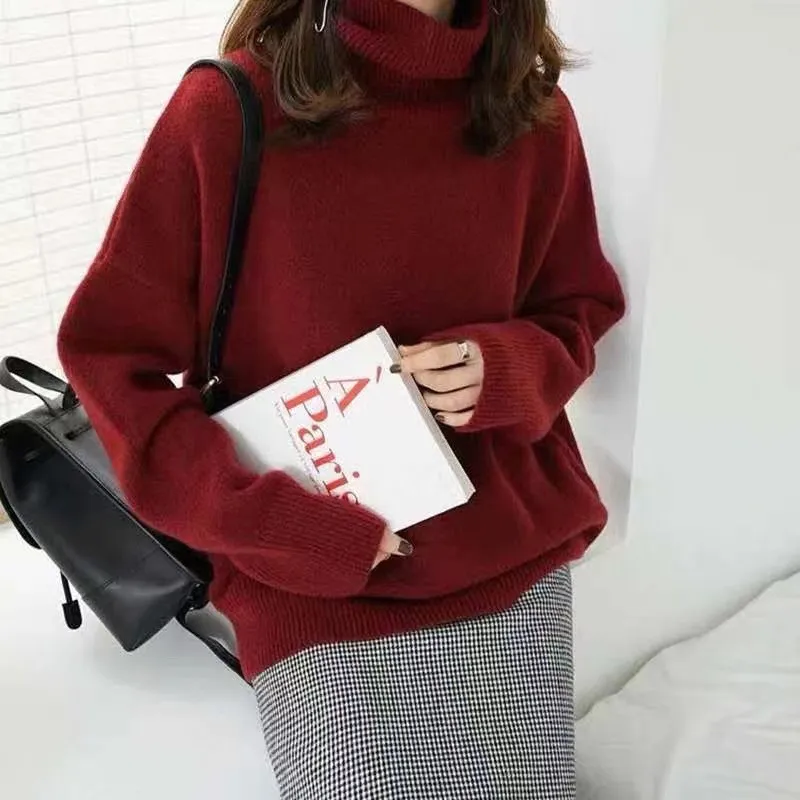 Pulls pour femmes Mode Corée Pull en cachemire Pure laine Pull à revers haut 2024 Automne Hiver Décontracté Lâche Épais_voghion.com